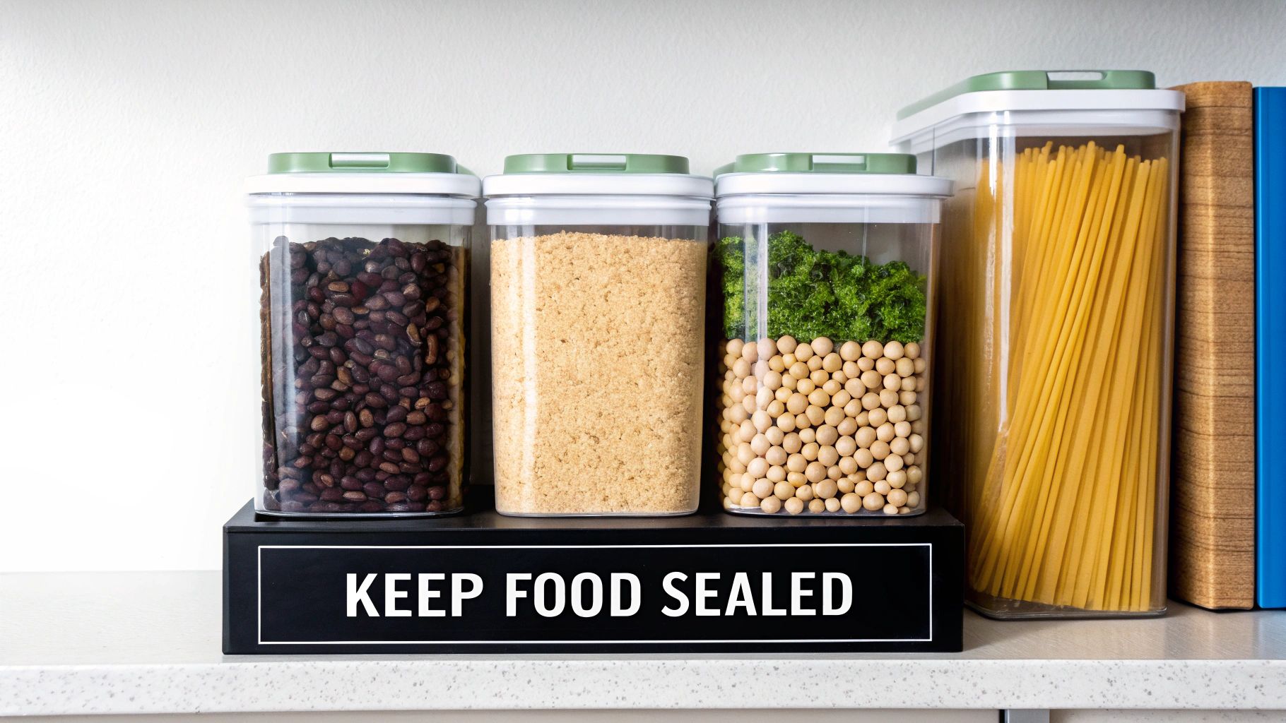 Various sealed food storage containers with beans, sugar, soybeans, and spaghetti on a shelf with a 'KEEP FOOD SEALED' sign.