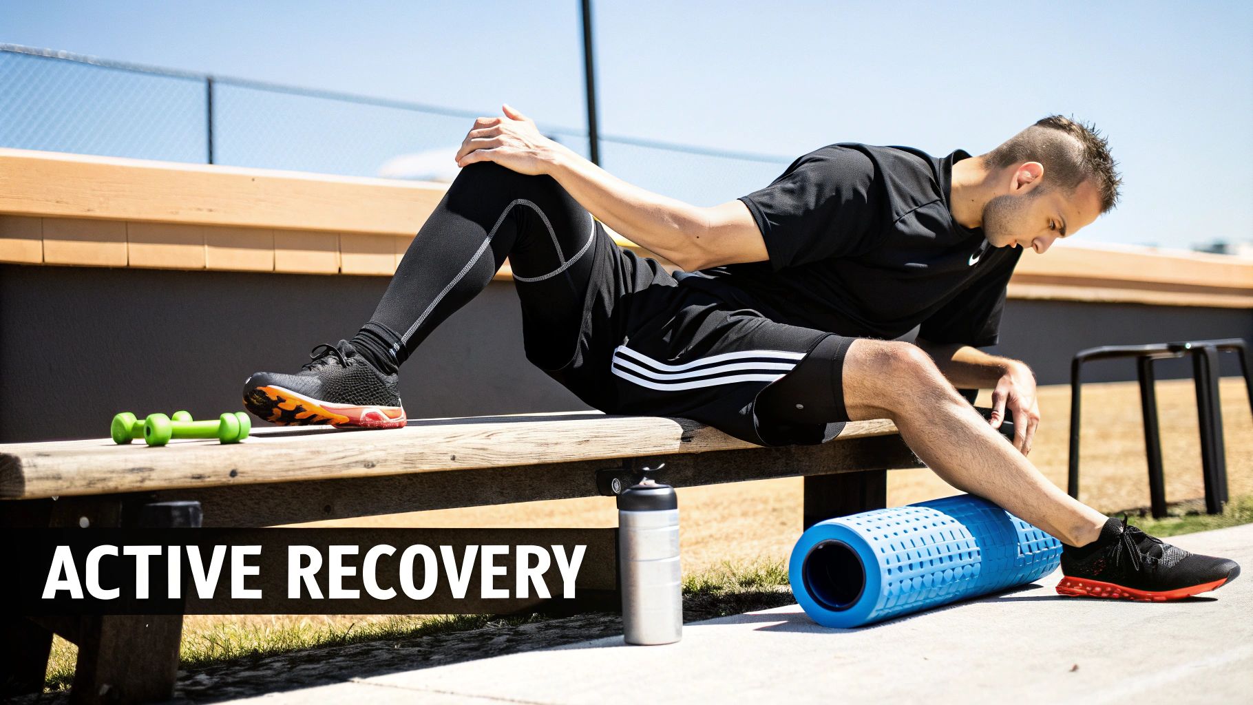 Man performing active recovery with a blue foam roller on a wooden bench outdoors.