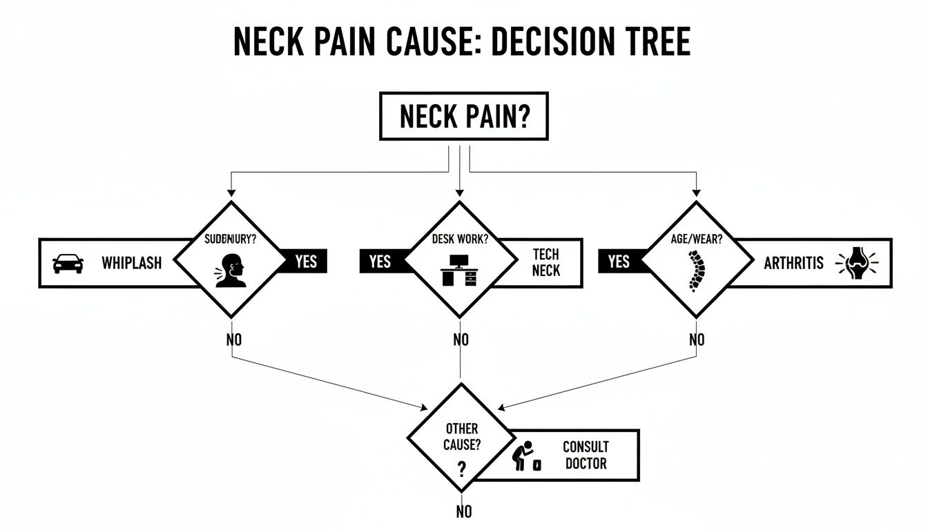 A decision tree flowchart illustrating common causes of neck pain and when to consult a doctor.