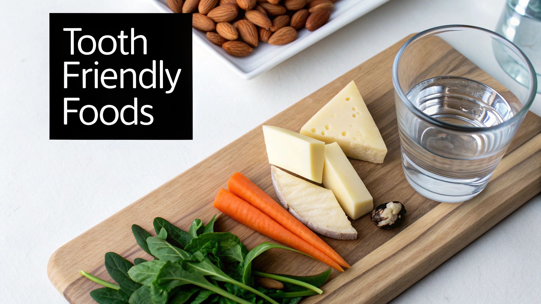 A wooden cutting board with tooth-friendly foods: cheese, carrots, spinach, almonds, and water.