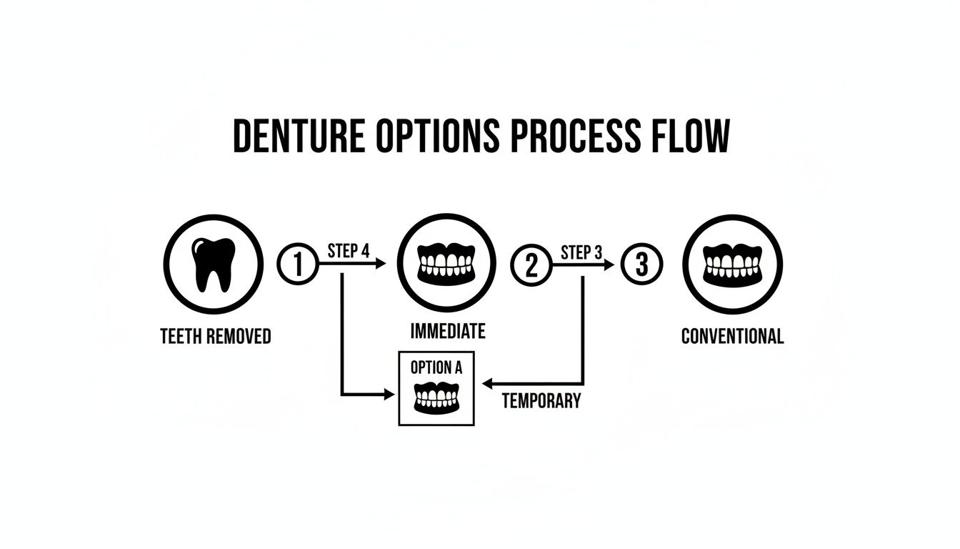 A process flow diagram outlining options for dentures, including teeth removal, immediate, temporary, and conventional types.