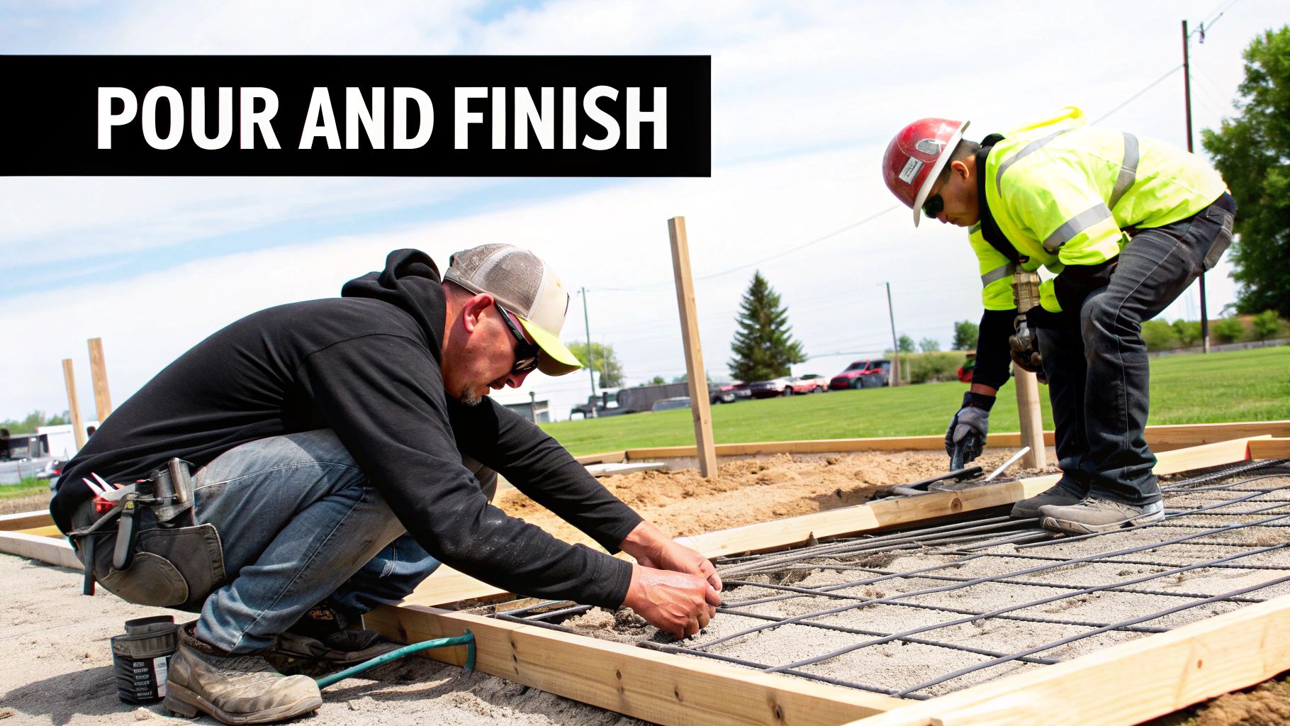 Two construction workers preparing rebar for a concrete pour and finish project.
