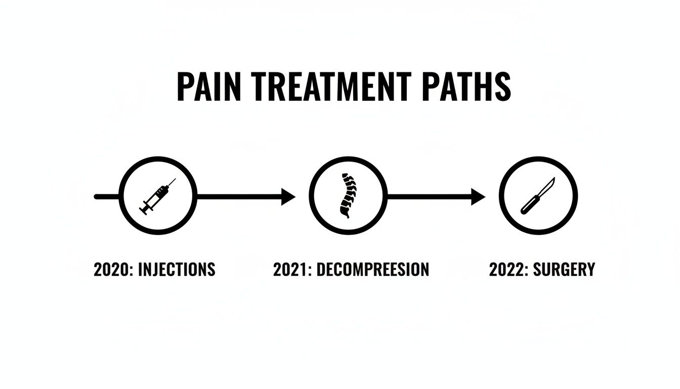A chronological infographic displaying pain treatment paths: 2020 injections, 2021 decompression, and 2022 surgery.