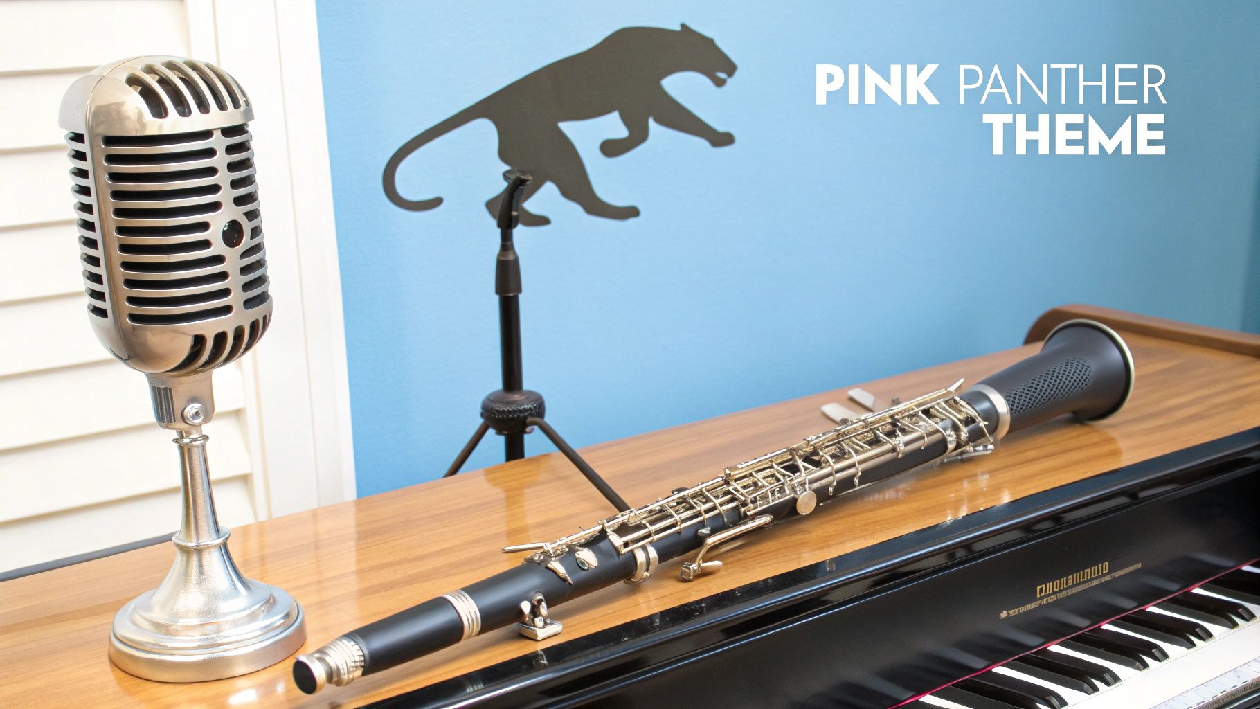 A retro microphone, oboe, piano, and Pink Panther silhouette against a blue wall with 'PINK PANTHER THEME' text.
