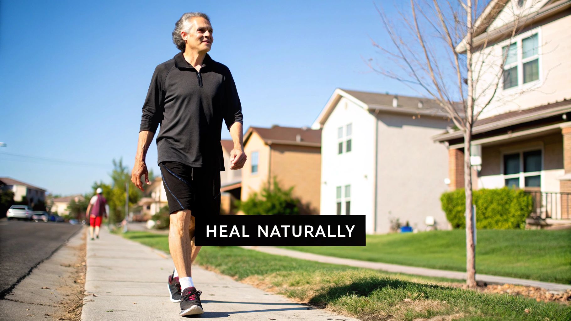 A middle-aged man in black athletic wear walks on a sunny suburban sidewalk. Text: HEAL NATURALLY.