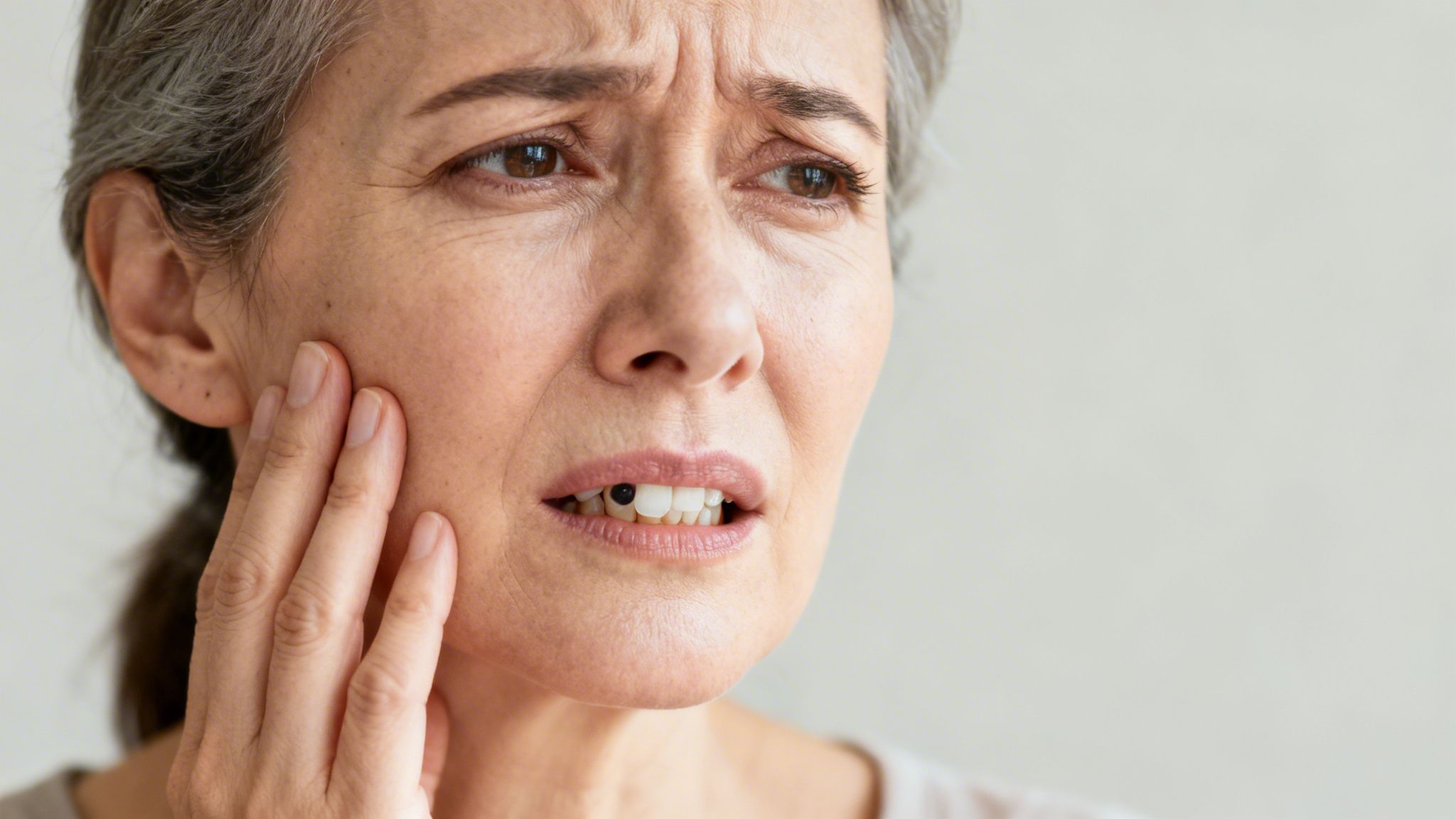 A distressed older woman holding her cheek, grimacing in pain from a visible tooth cavity.