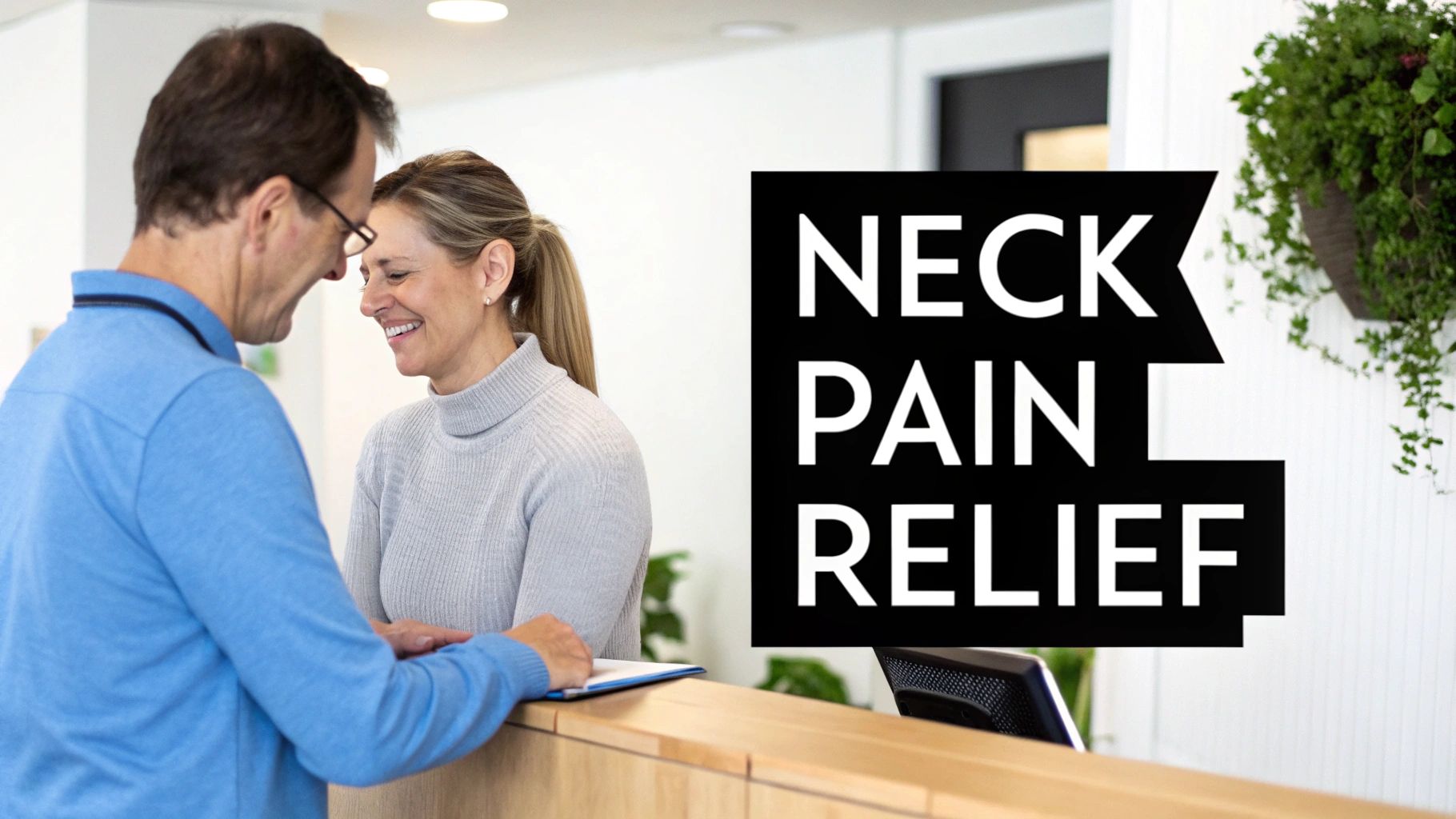 A smiling man and woman at a clinic reception desk with 'Neck Pain Relief' text.