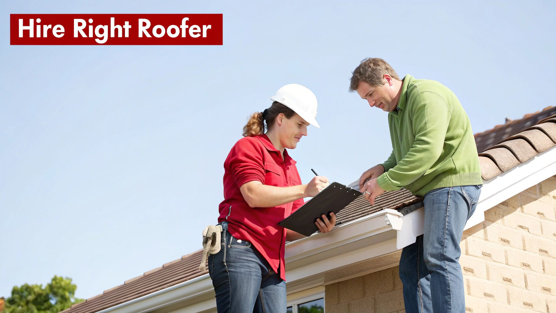 A female roofer in a hard hat and a man on a roof discussing a roof inspection, with "Hire Right Roofer" text.