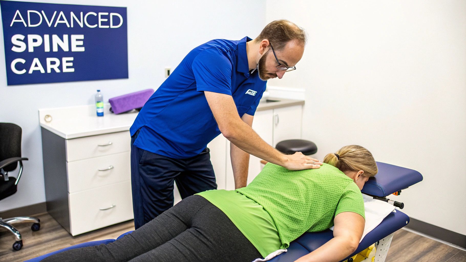 A male physical therapist treats a female patient's upper back on an examination table.