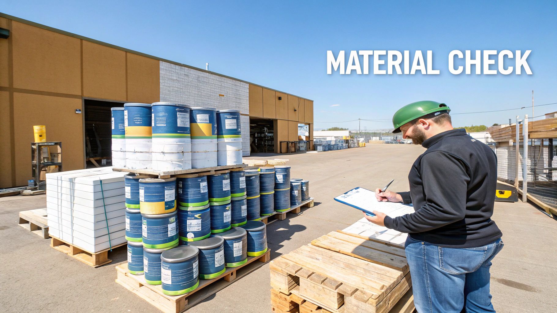 A construction worker in a hard hat reviews a checklist while inspecting materials outdoors.