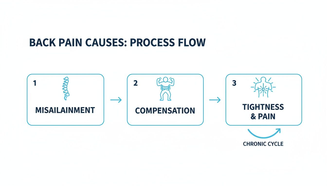 A process flow chart illustrating back pain causes: misalignment, compensation, and tightness leading to chronic pain.