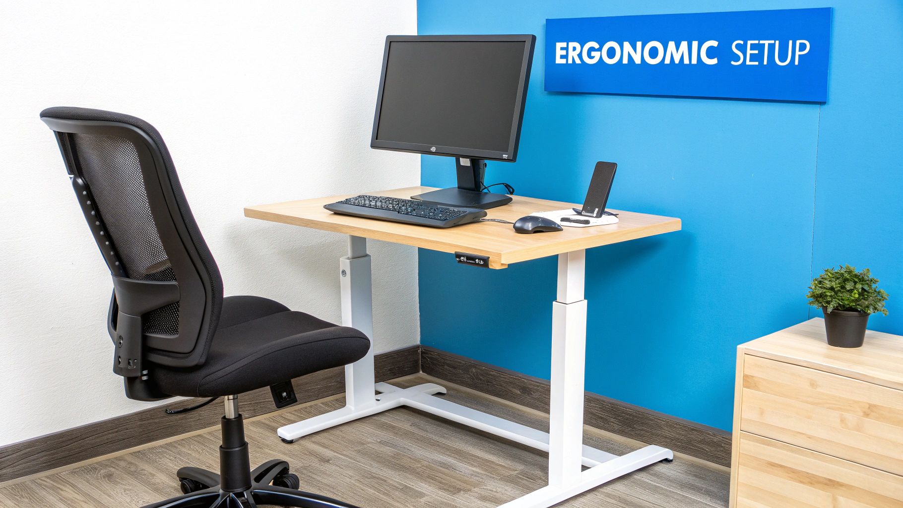 An ergonomic office setup featuring a mesh chair, adjustable desk, computer, and accessories.