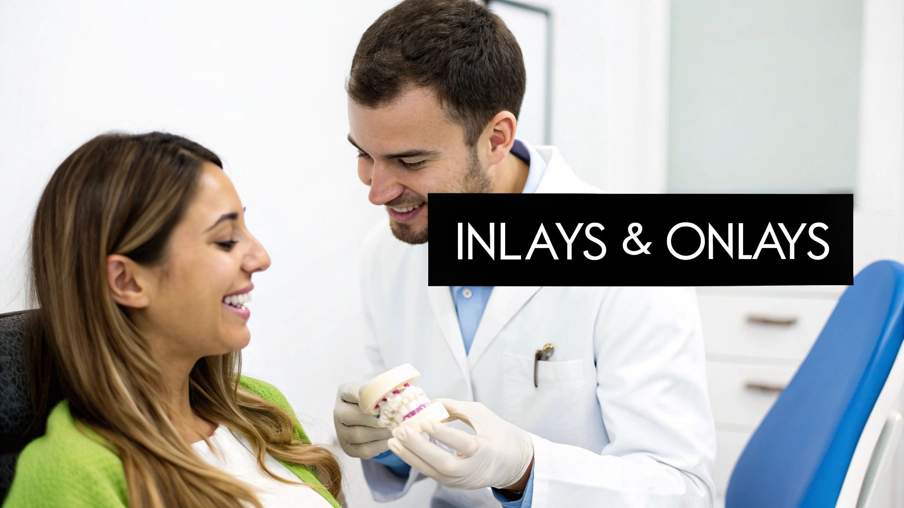 A smiling dentist shows a dental model to a female patient, with 'INLAYS & ONLAYS' text.