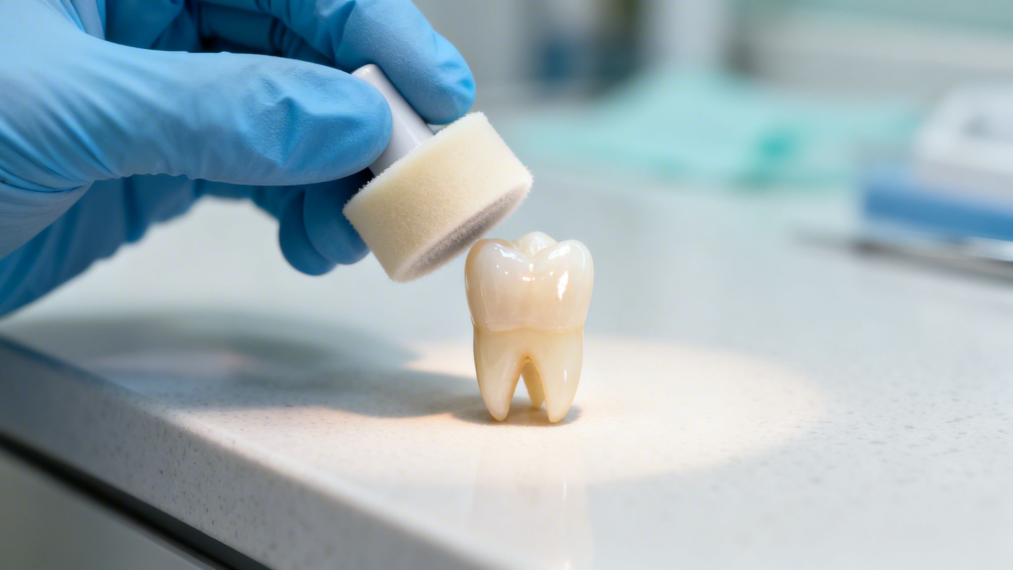 Gloved hand applying a treatment with a sponge applicator to a realistic dental tooth model.