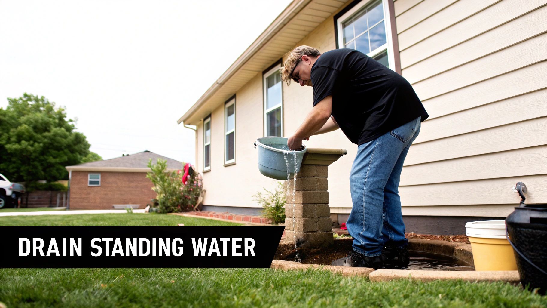 A man is actively draining standing water from a small outdoor basin near a house to prevent mosquito breeding.