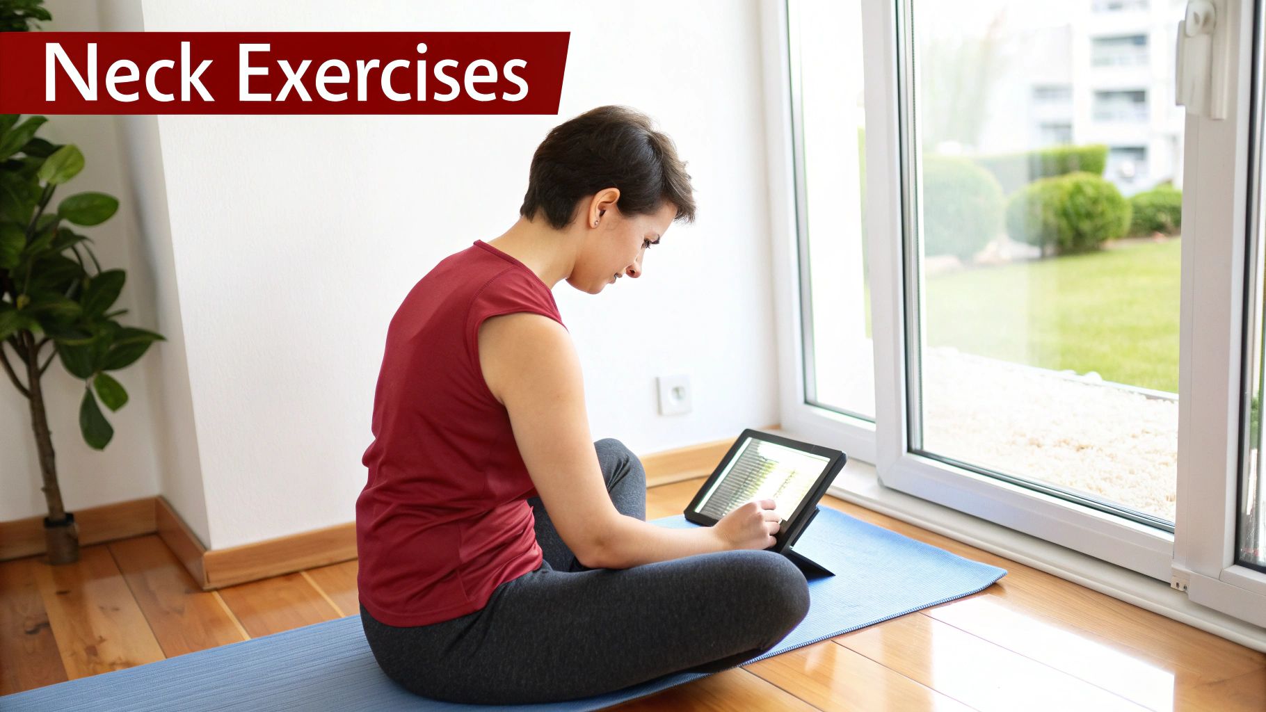 A woman sits on a yoga mat, looking at a tablet for neck exercises instructions.
