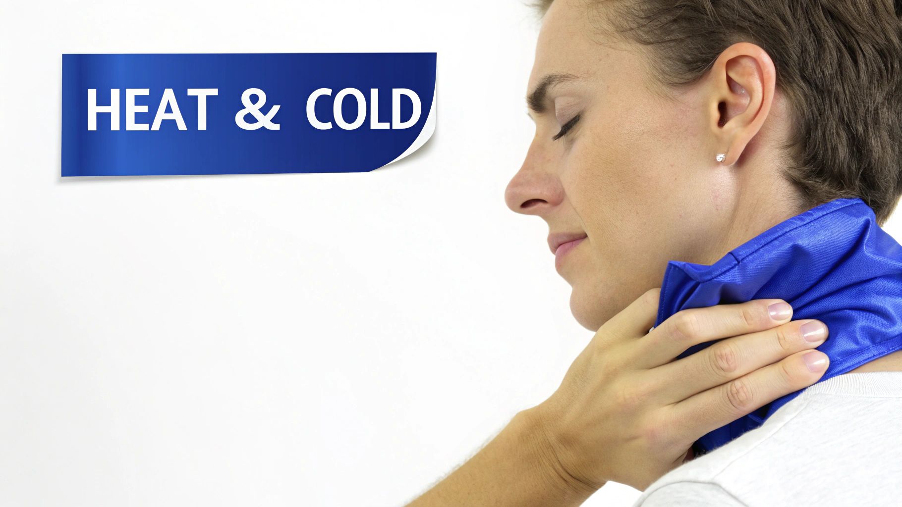 A woman finds relief from neck pain by applying a blue hot or cold pack.