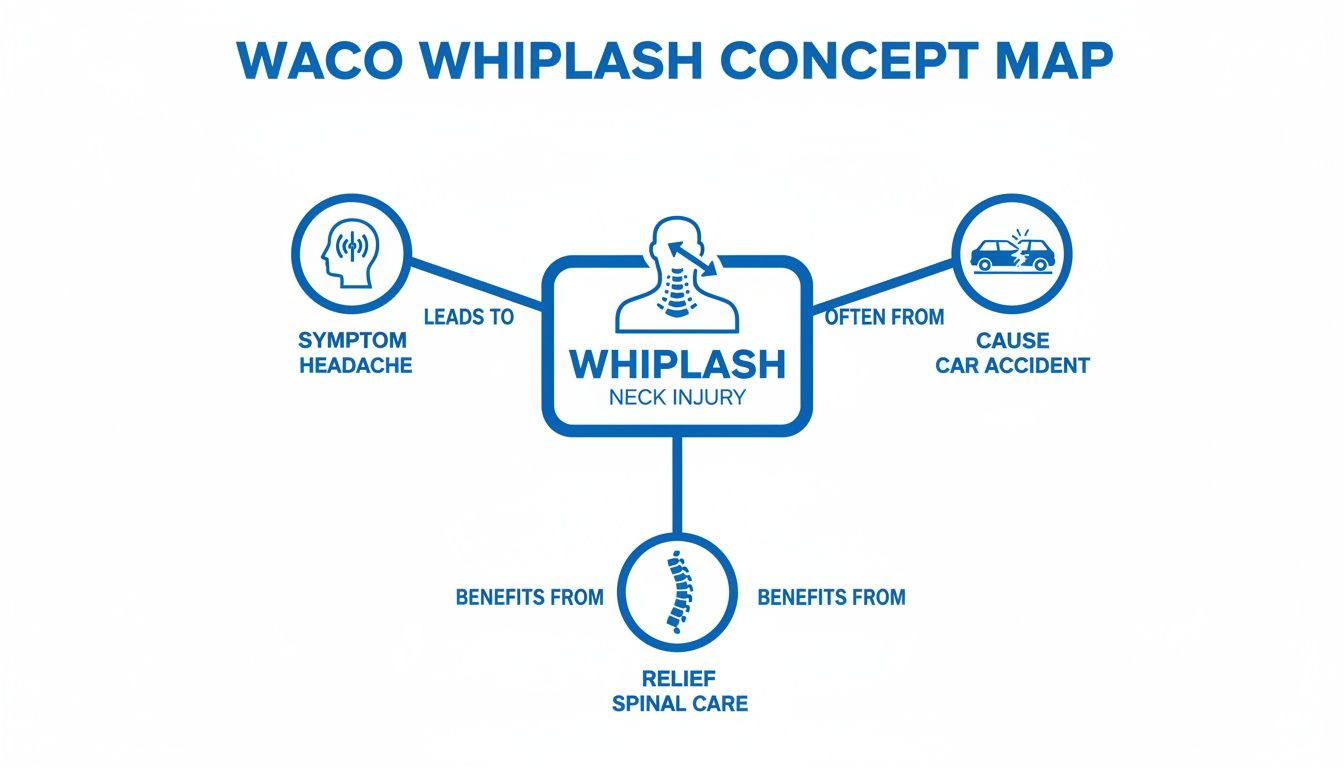 A concept map detailing whiplash neck injury, its causes (car accident), symptoms (headache), and relief from spinal care.