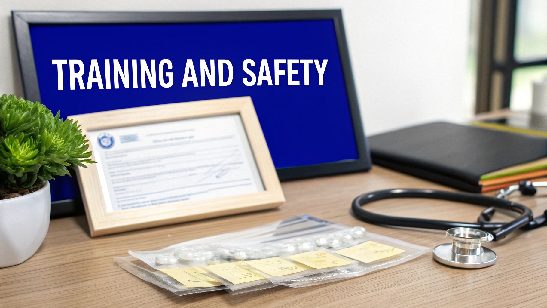 A desk with a computer screen showing 'TRAINING AND SAFETY', a certificate, pills, and a stethoscope.