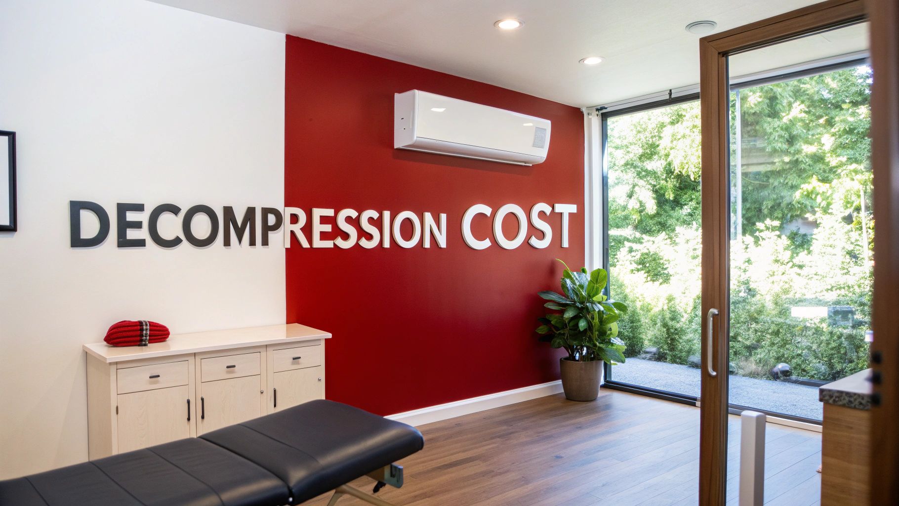 A modern therapy room featuring 'DECOMPRESSION COST' signage, an exam table, and a large window.