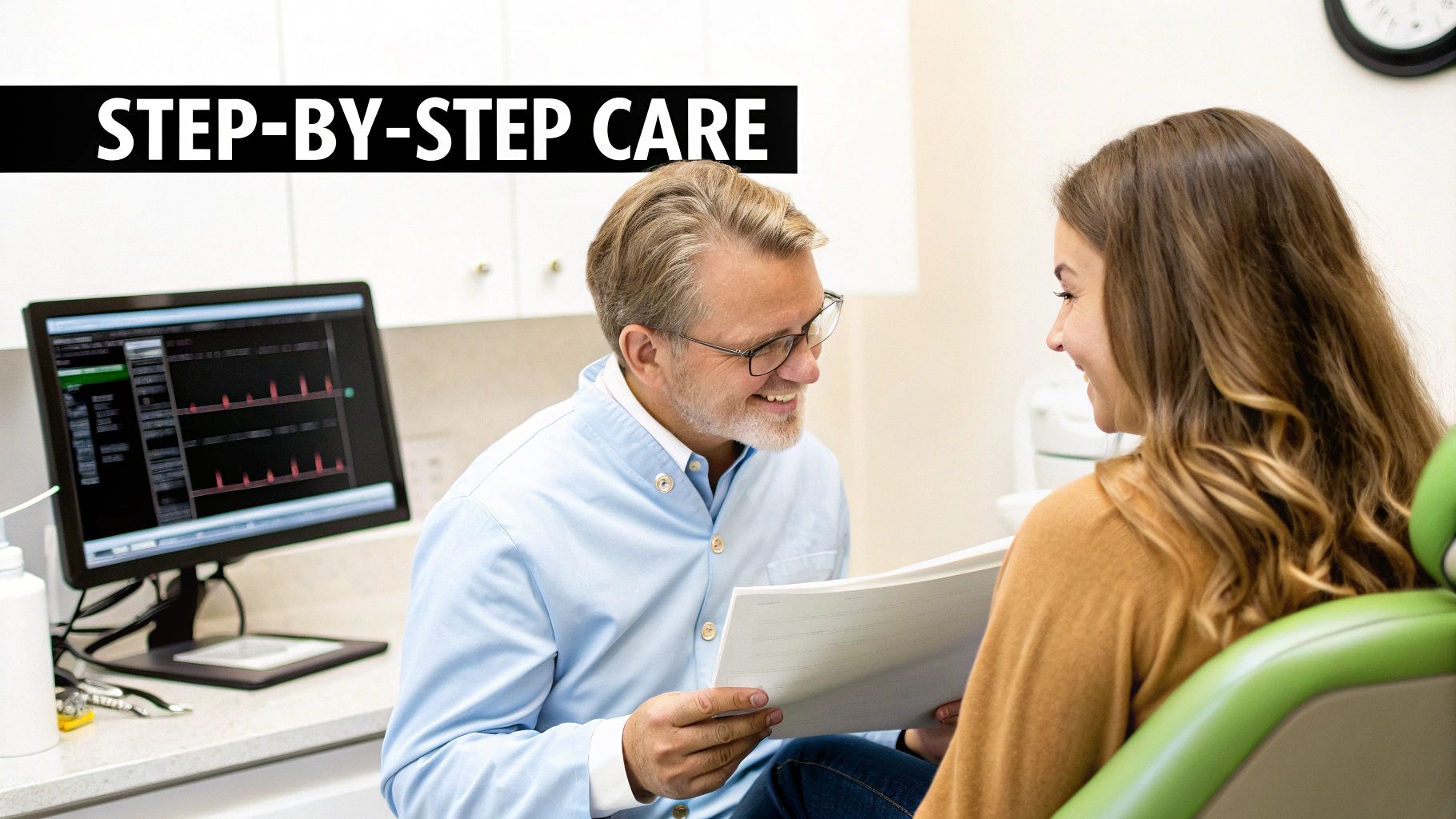 A smiling male dentist shows documents to a female patient, with 'STEP-BY-STEP CARE' text overlay.