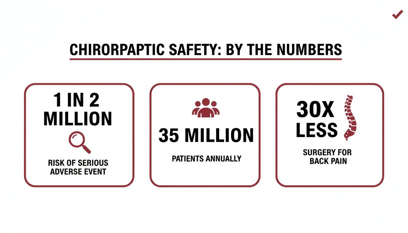 Infographic details chiropractic safety: 1 in 2 million serious adverse event risk, 35 million annual patients, 30x less back surgery.