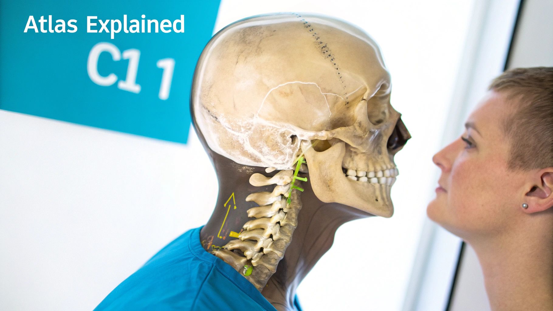 A woman observes an anatomical model of a human skull and cervical spine, with 'Atlas Explained C1' text.