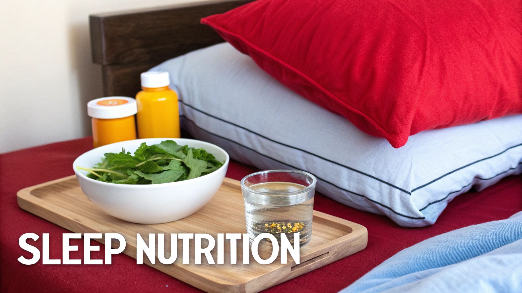 A bedside tray with a bowl of fresh greens, water, and supplements for sleep nutrition.