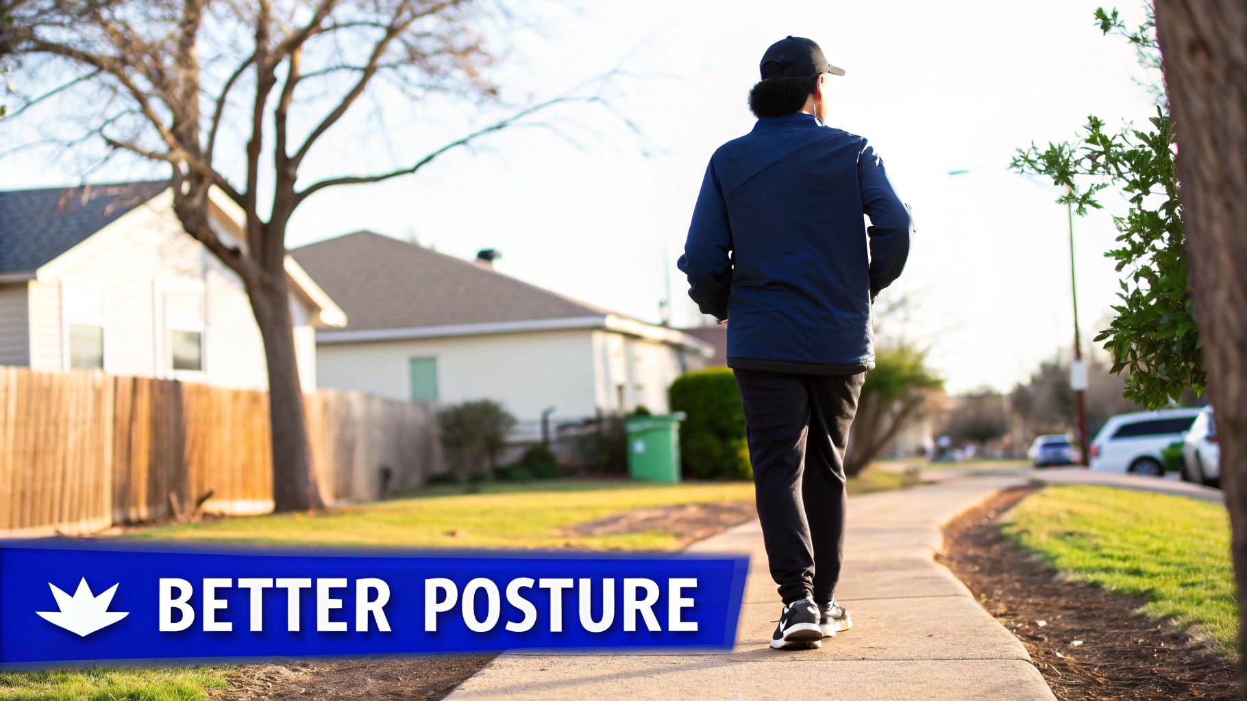 A person in a cap and dark jacket walks on a sidewalk with good posture.