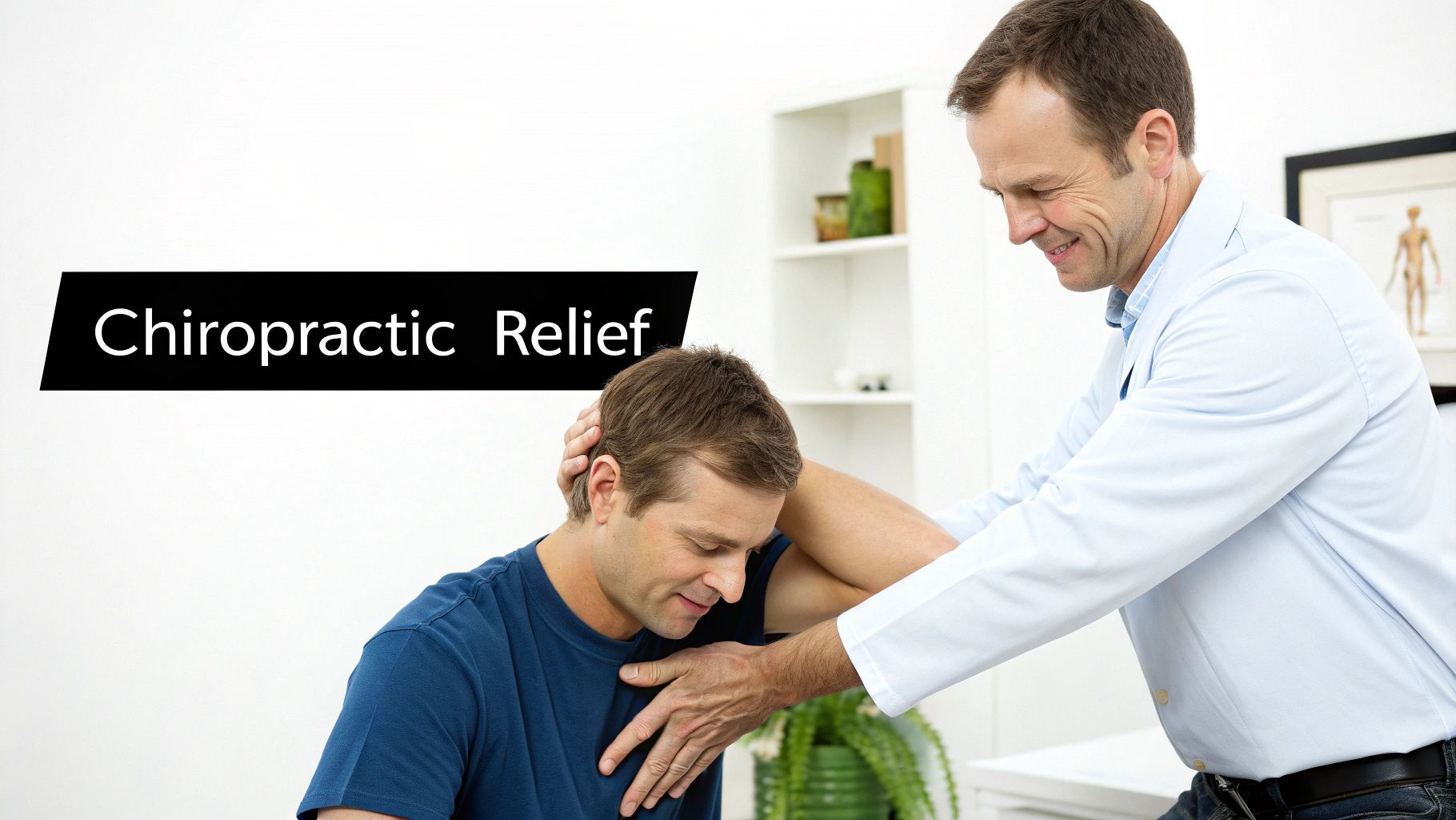 A smiling chiropractor adjusts a male patient's neck, providing chiropractic relief in a clinic.