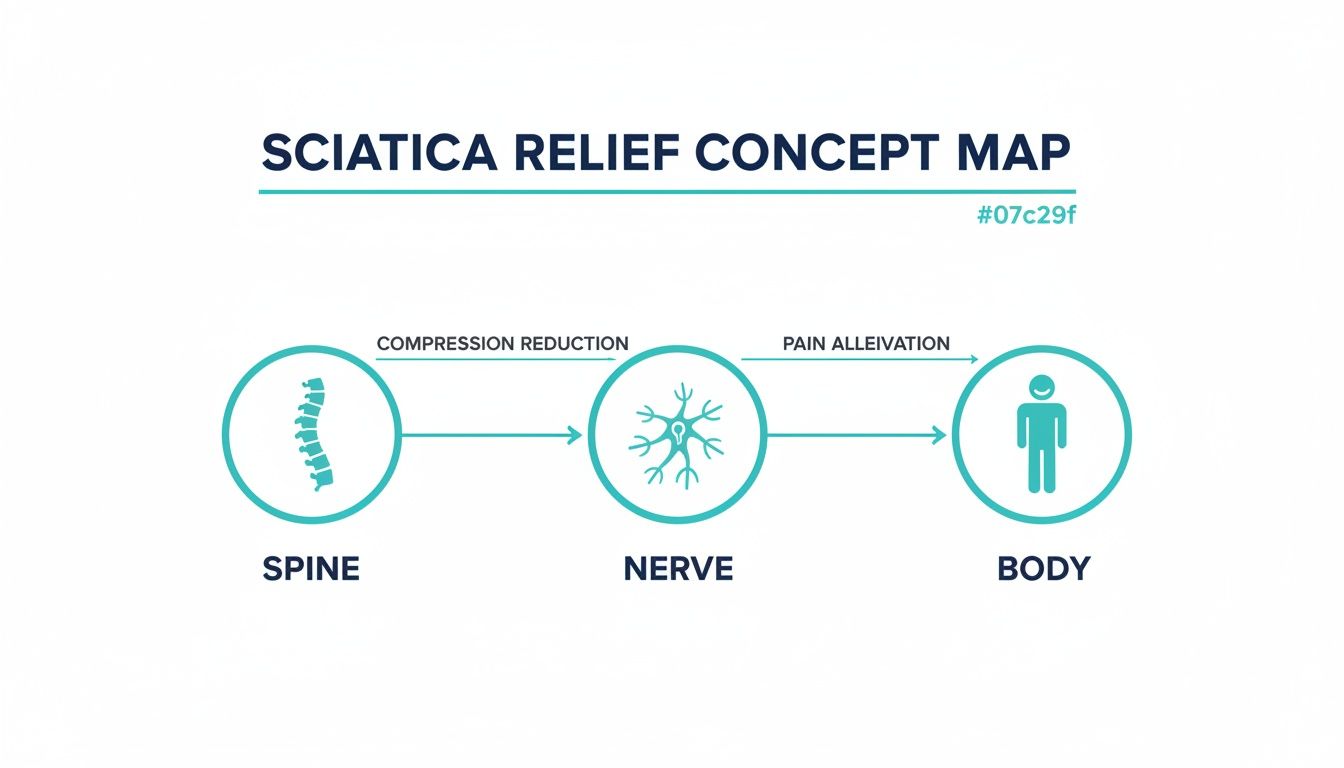 A concept map illustrates sciatica relief: spine compression reduction leads to nerve pain alleviation for the body.
