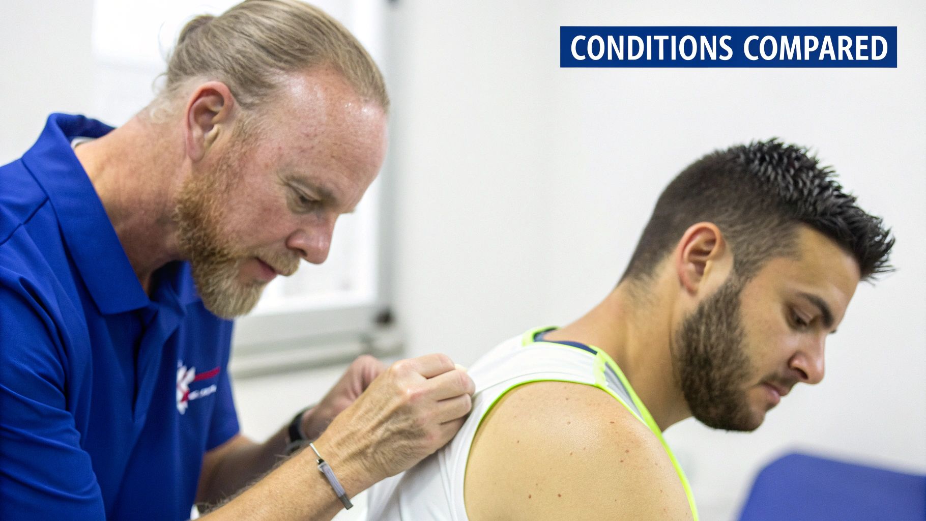 Healthcare professional taping a patient's upper back or shoulder during a therapy session.