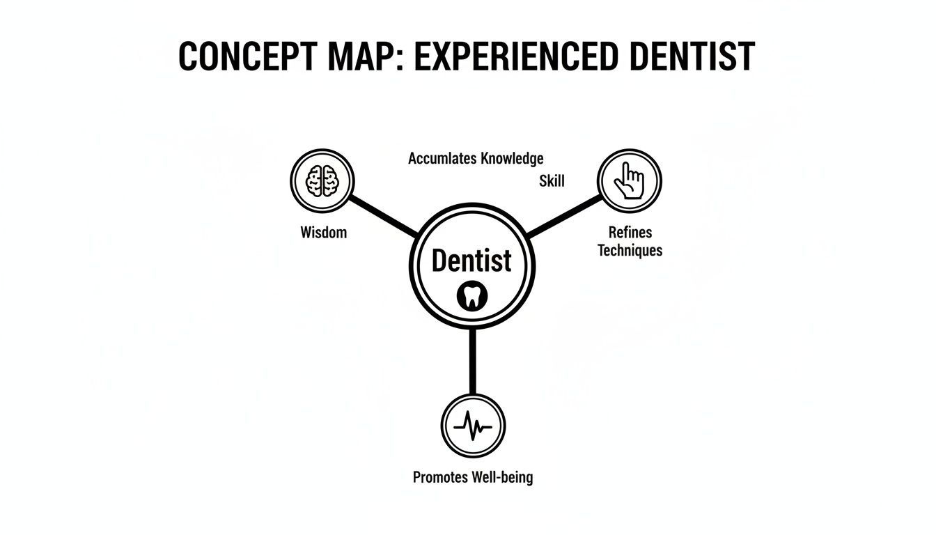 Concept map illustrating how an experienced dentist acquires wisdom, refines skills, and promotes patient well-being.