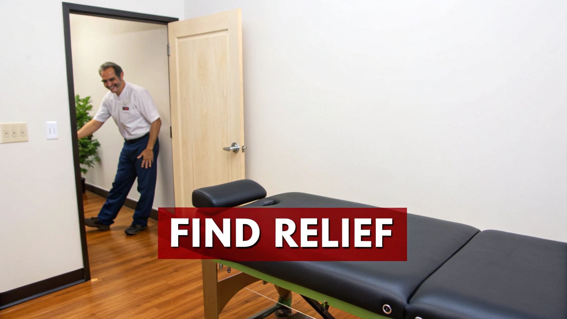 Smiling man enters a clean treatment room with a black examination table, with 'FIND RELIEF' text.