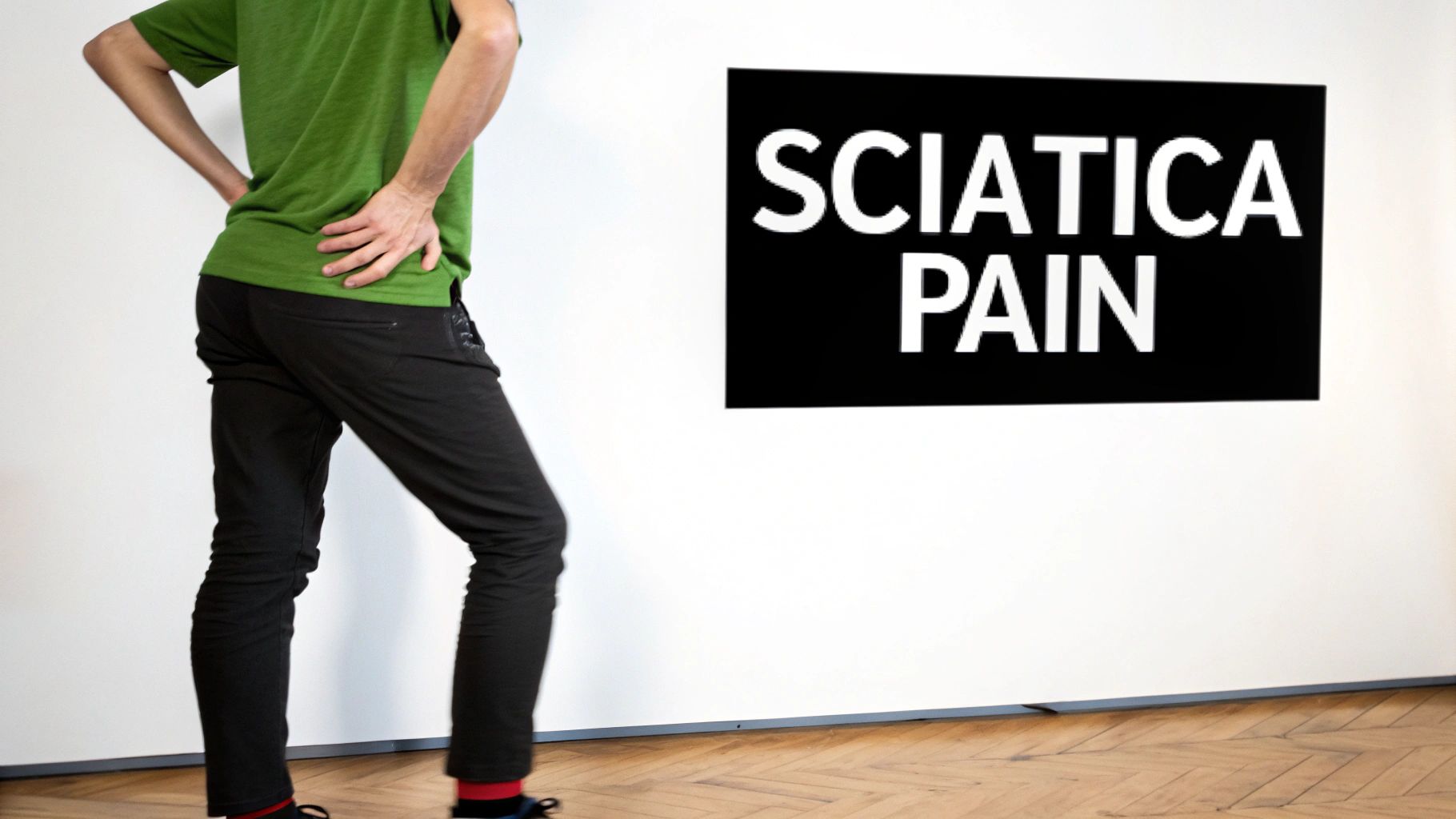 Person holding their lower back next to a 'Sciatica Pain' sign, indicating discomfort.
