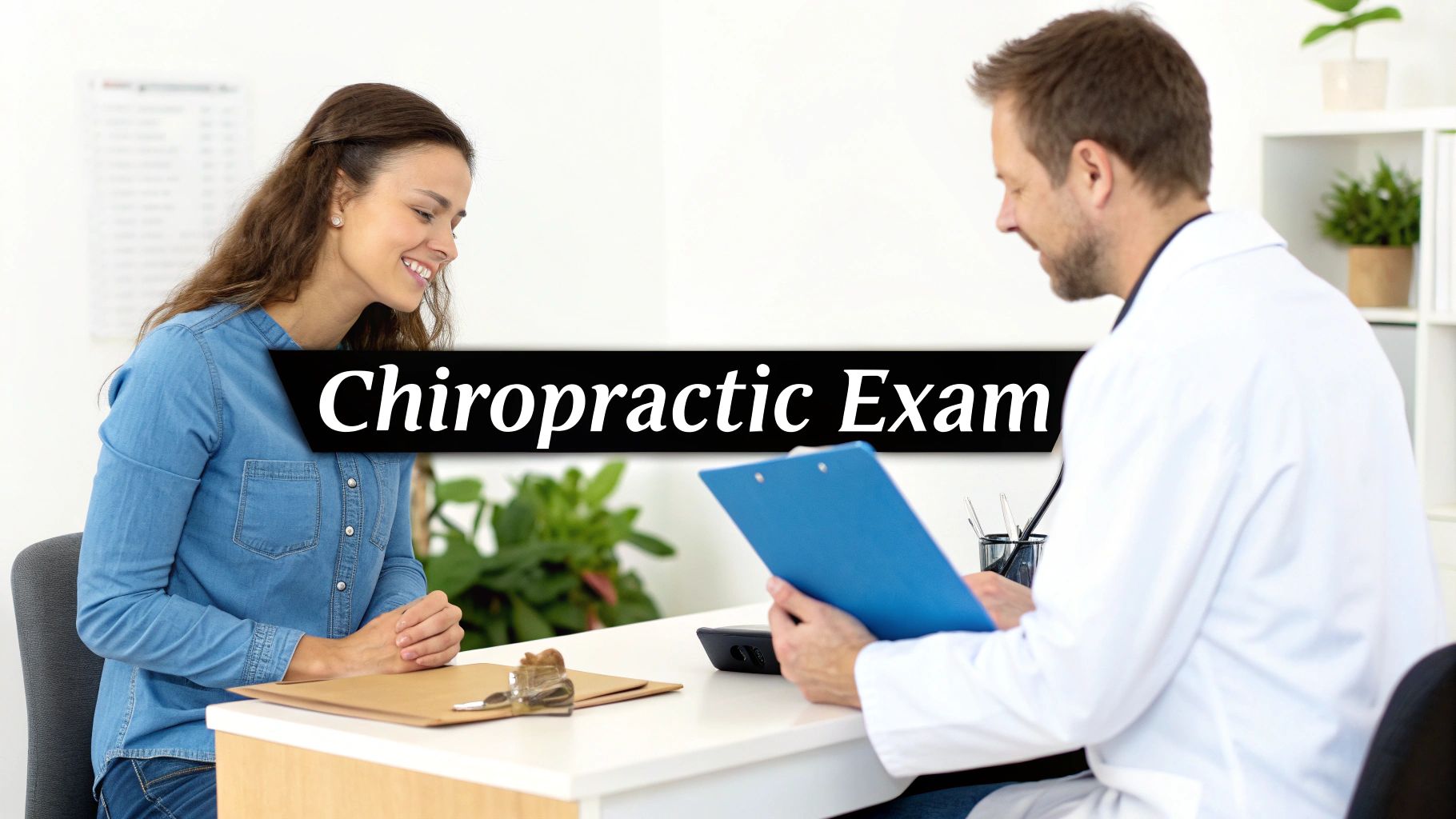 A smiling female patient consults with a male chiropractor during an exam at a desk.
