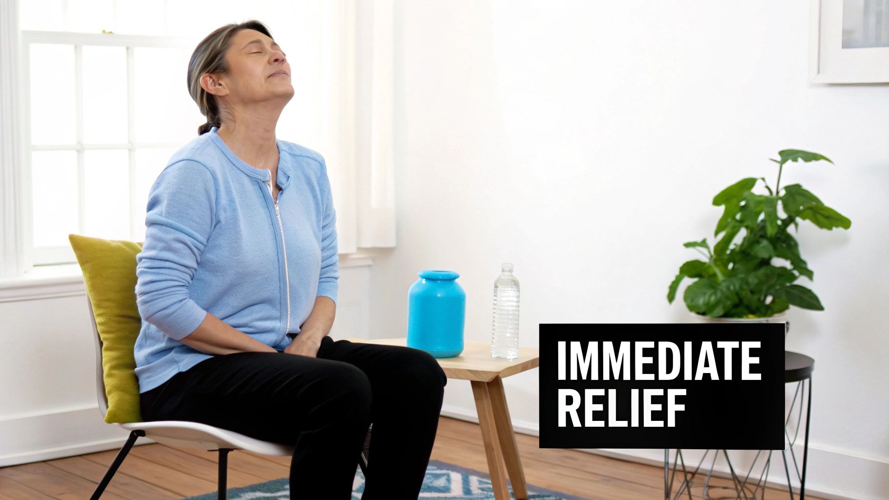 A woman sits on a chair with her eyes closed, stretching her neck for immediate relief.