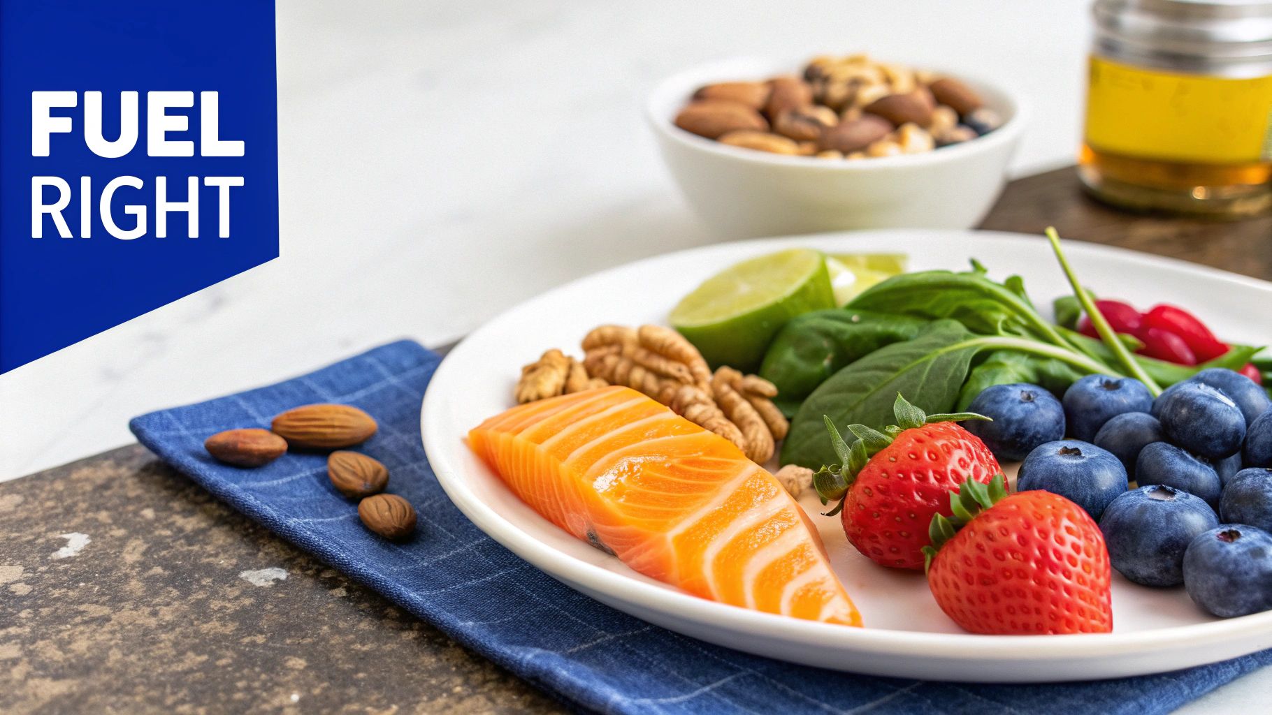 Plate of nutritious foods like salmon, berries, walnuts, and spinach, with 'FUEL RIGHT' text.