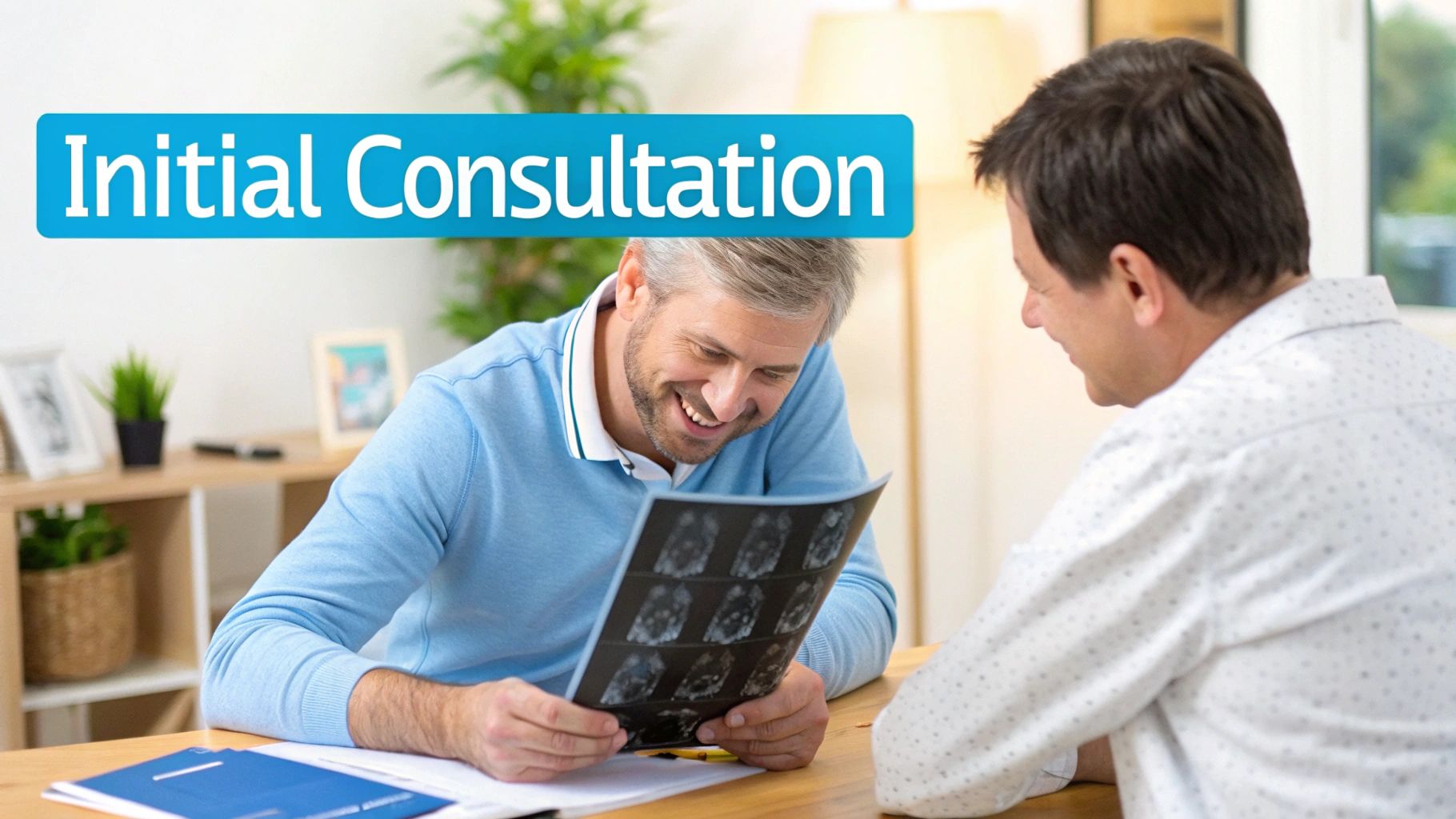 Two men discussing medical scan results during an initial consultation, one smiling.
