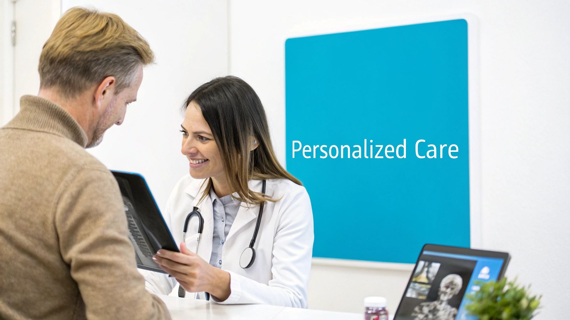 A smiling female doctor discusses medical images on a tablet with a male patient, highlighting personalized care.