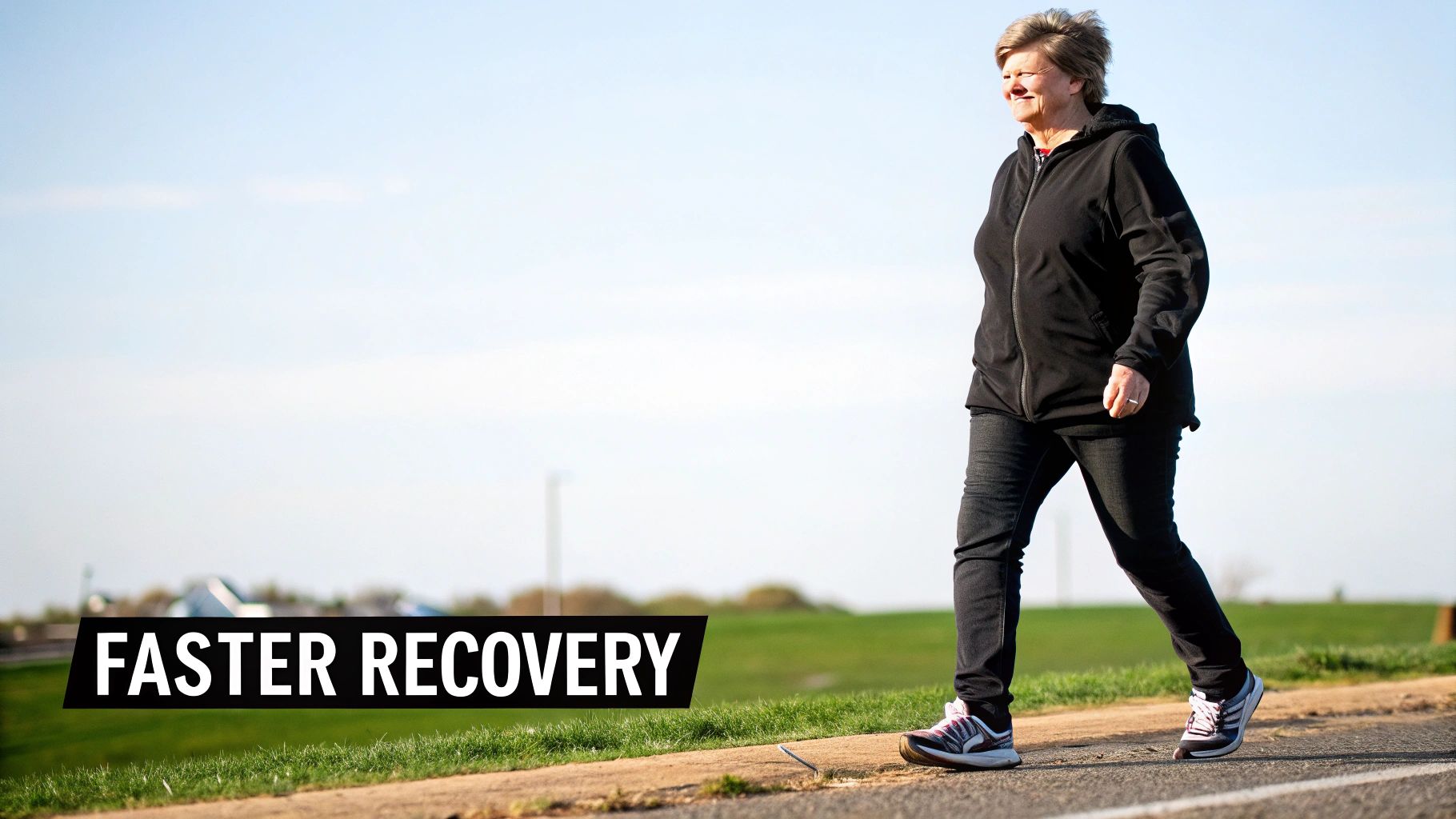 An older woman in a black hoodie and jeans walks outdoors on a path under a blue sky, symbolizing faster recovery.