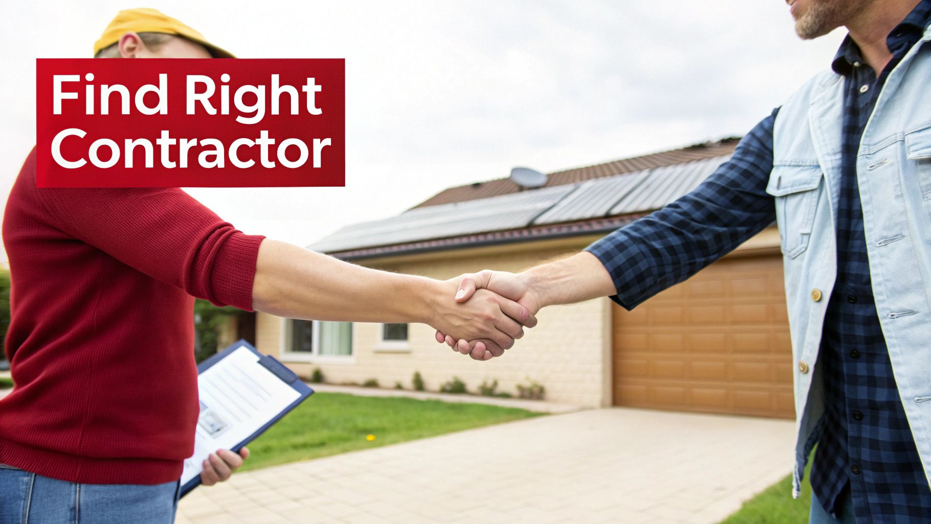 Two men shaking hands in front of a house with solar panels, under a 'Find Right Contractor' banner.