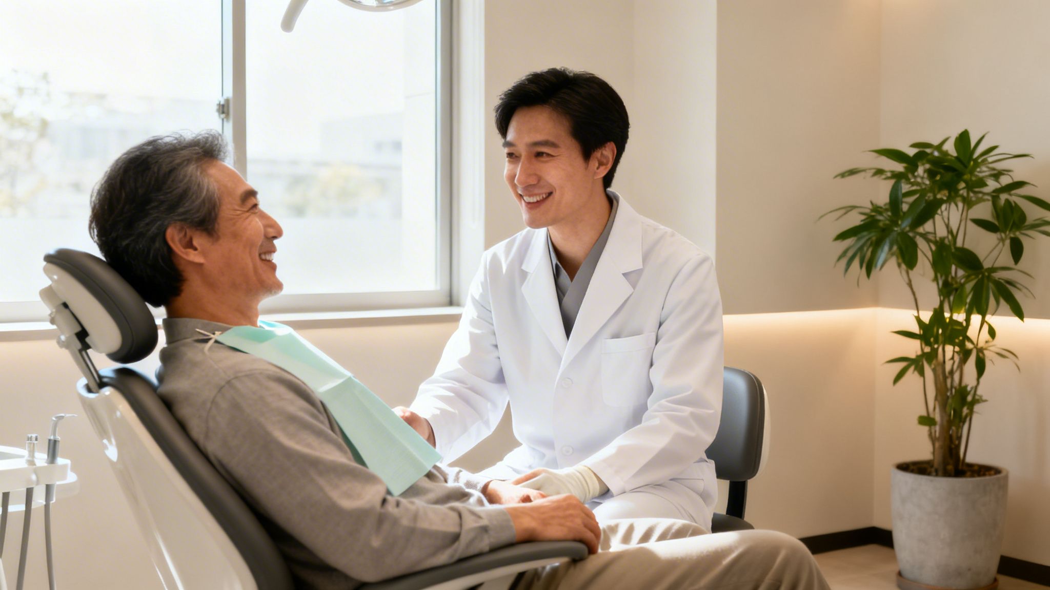 An Asian male dentist wearing a white coat talks to an older Asian patient, both smiling in a dental clinic.