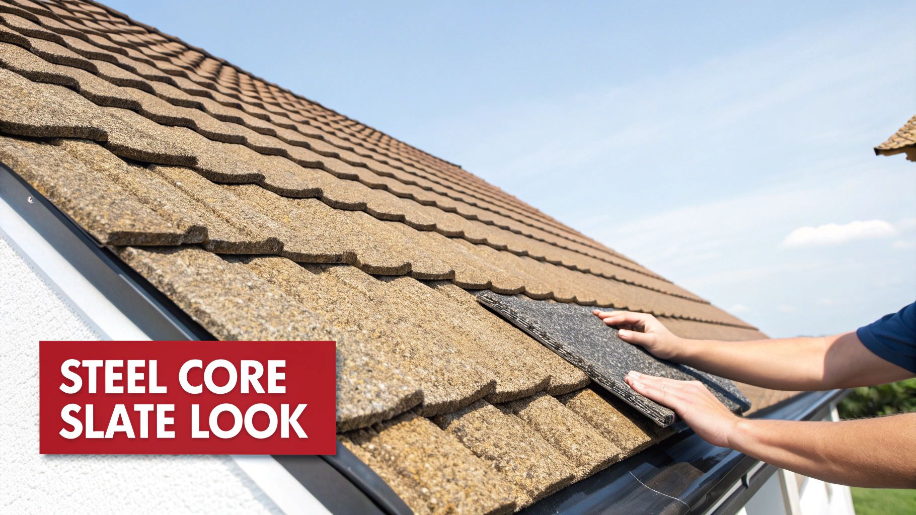 Close-up of hands installing a steel core, stone-coated metal roofing tile onto a brown roof.