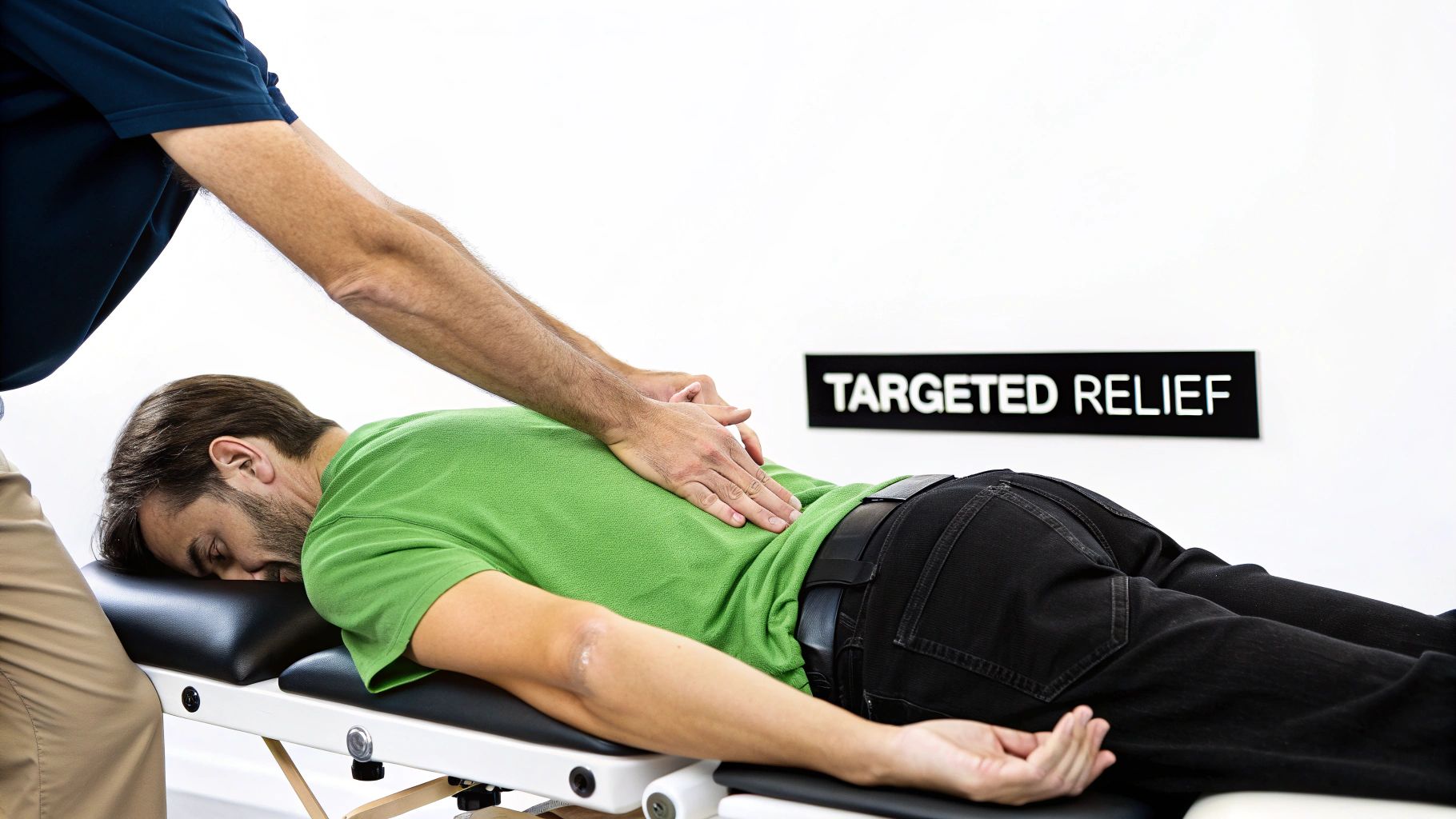 A chiropractor performs a targeted back adjustment on a male patient lying face down on a treatment table.