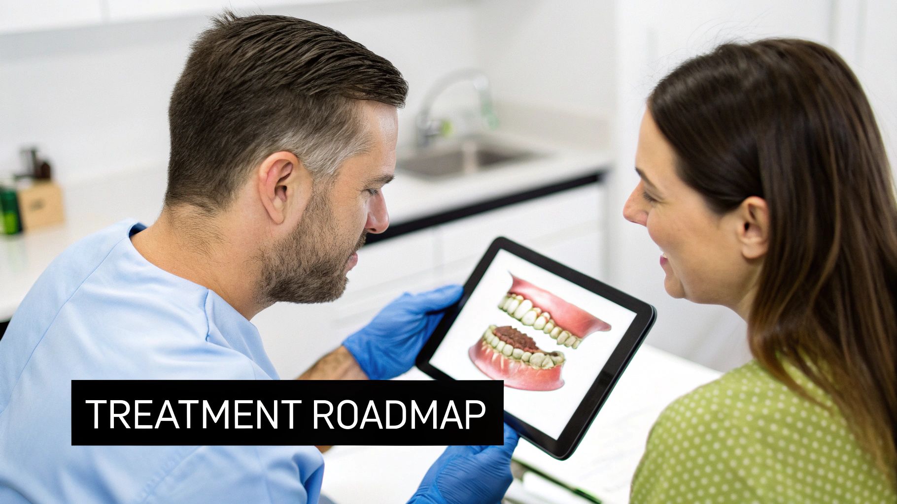 Dentist showing a digital dental treatment plan on a tablet to a smiling female patient.