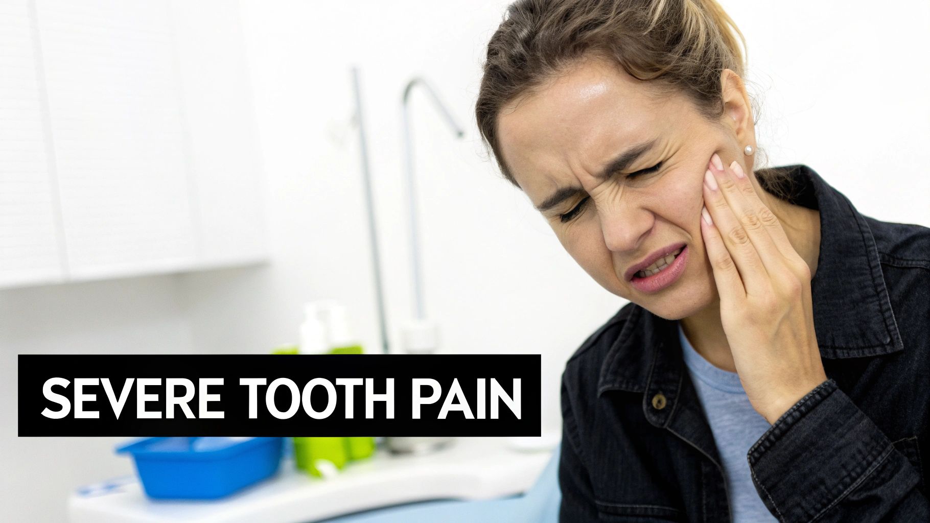 A woman in a dental office grimacing and holding her cheek due to severe tooth pain.