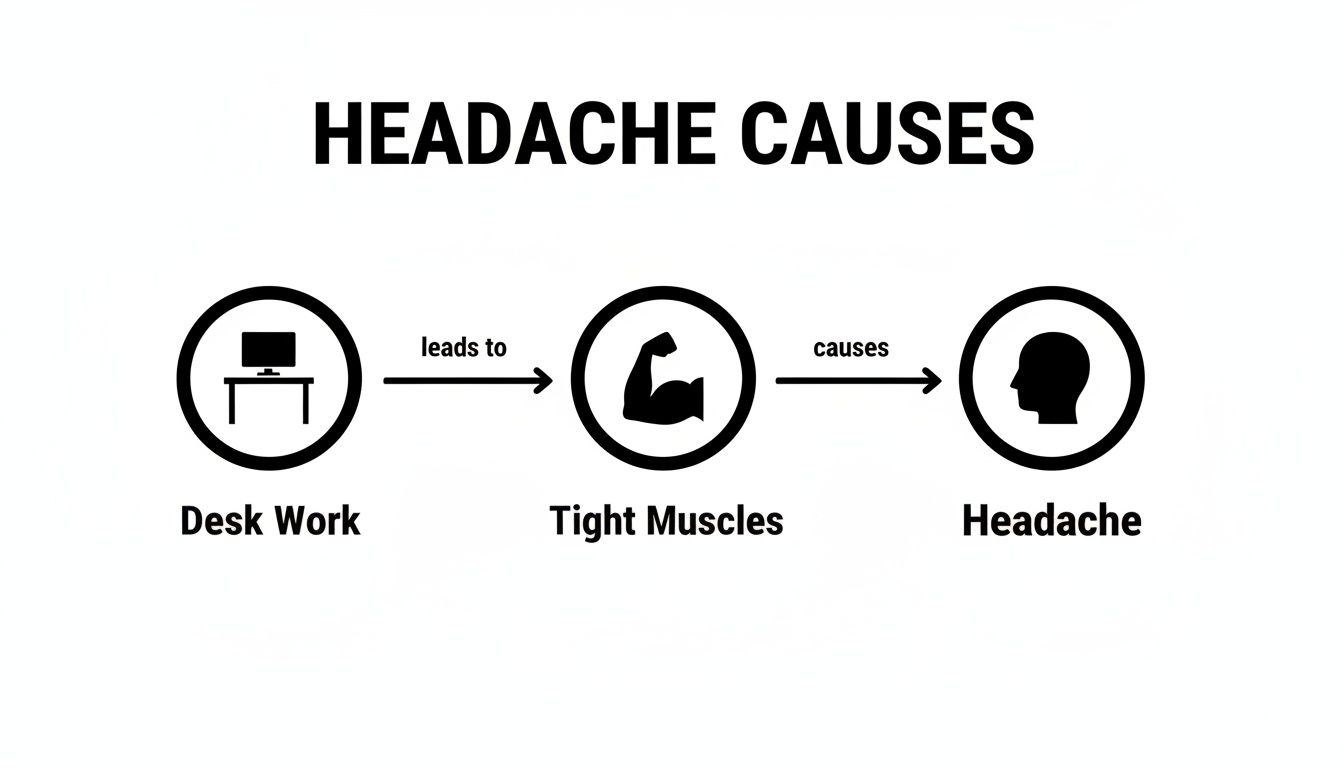 A flowchart titled 'Headache Causes' showing desk work leading to tight muscles, which then causes headaches.