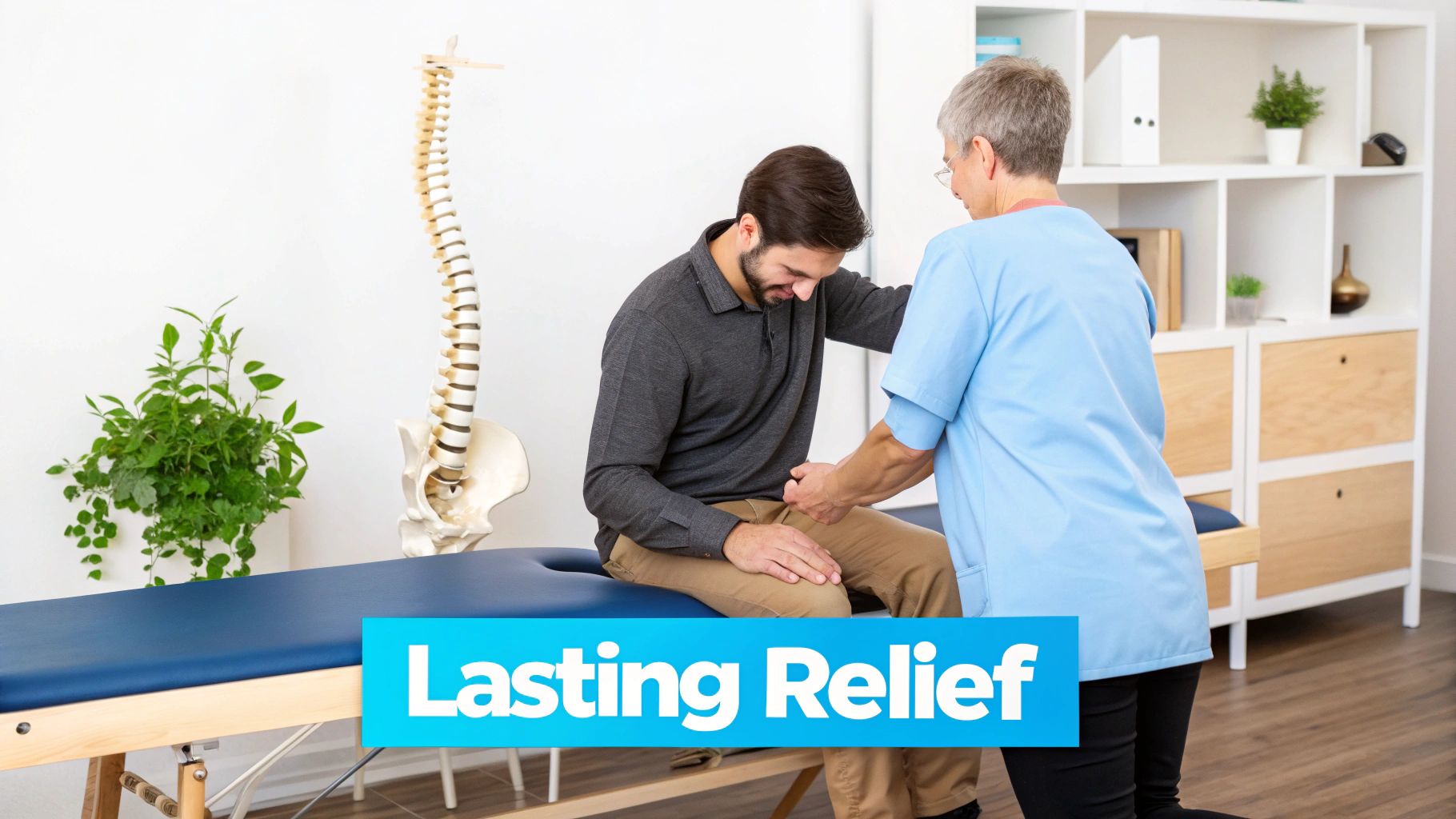 A male patient receiving knee therapy from a female therapist on a blue examination table.