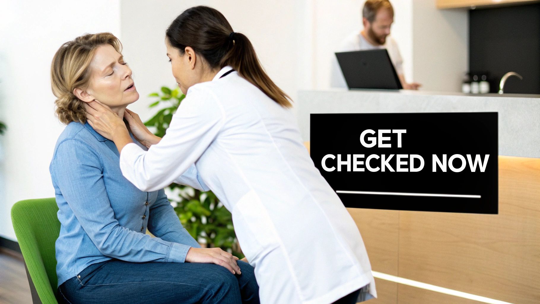 A female doctor in a white coat examines the neck of a distressed female patient, with a 'GET CHECKED NOW' sign in the background.